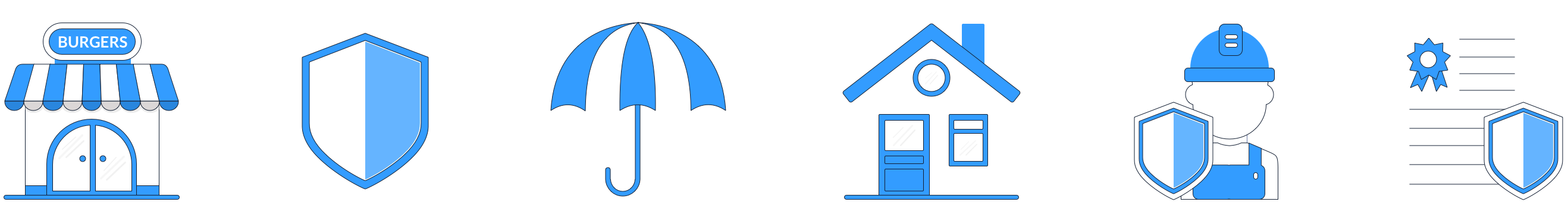 Six blue insurance policy icons